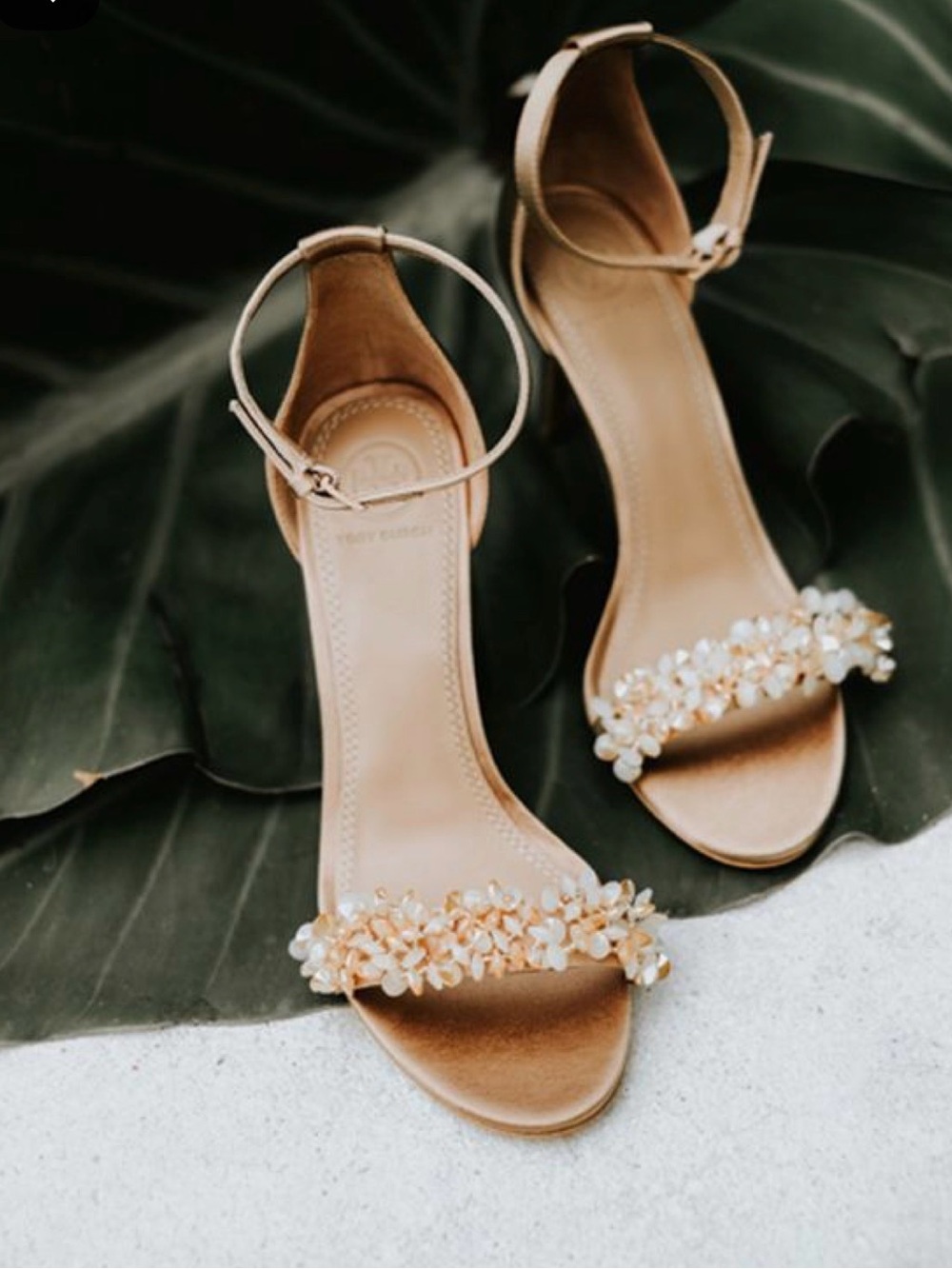 Tory Burch Tan Floral-Embellished Ankle-Strap Heels